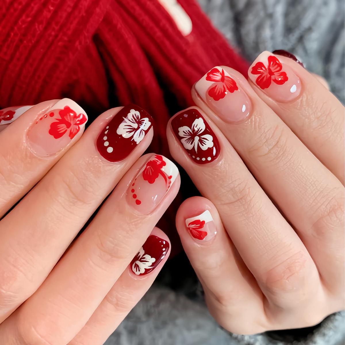 Whimsical Floral Elegance Short Square Red and Clear with Charming Butterfly Design Press-On Nail Set