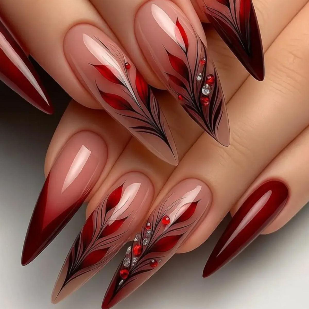 Autumn Elegance Long Almond Red Gradient Press on Nails with Floral Design and Rhinestone Detail