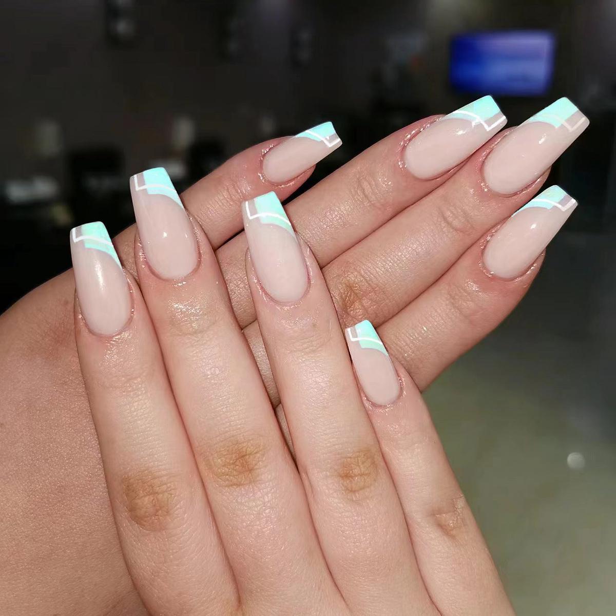 Tropical Glow Medium Coffin Beige Press On Nail Set with Aqua Accents