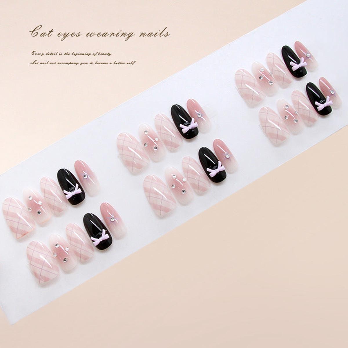 Whimsical Cat-Themed Long Oval Pink and Black Press-On Nails Featuring Charming Ribbons and Glitter Accents