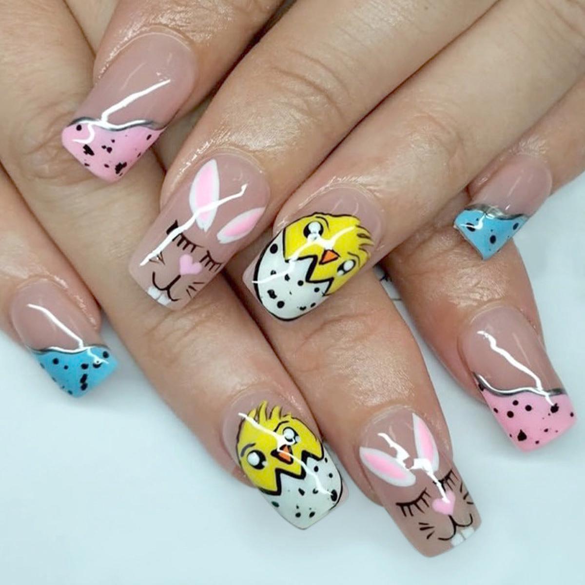 Whimsical Spring Celebration Long Square Pastel Nails with Cute Animal Art