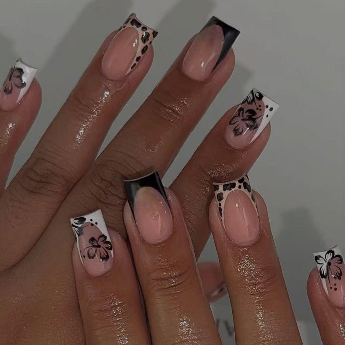 Wildflower Chic Long Square Pink and Black with Floral Detailing Press on Nail Set
