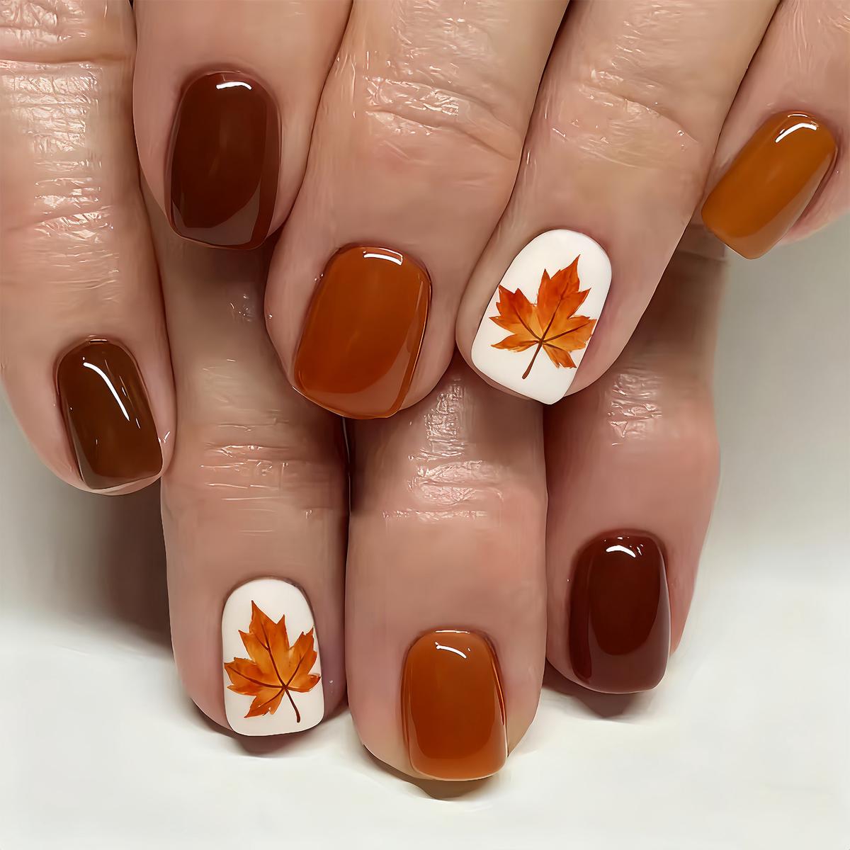 Autumn Bliss Short Square Claw Press On Nail Set in Warm Brown Tones with Stunning Leaf Art
