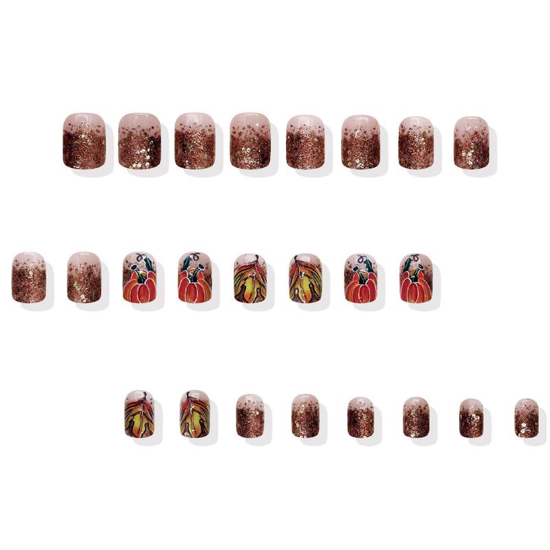 Autumn Elegance Press On Nail Set Short Square Almond Blush with Glitter Sparkle and Chic Fall Artwork