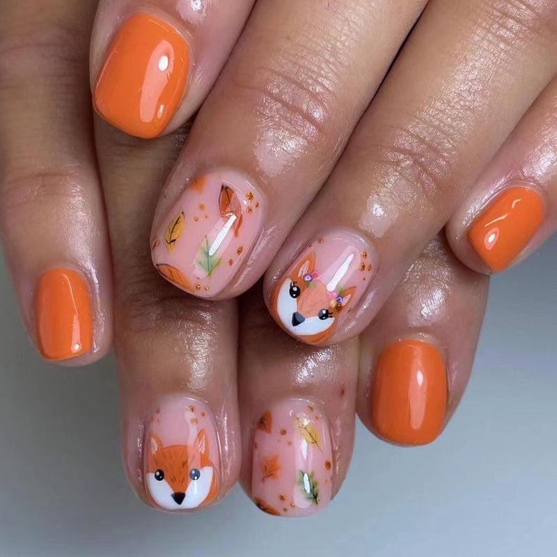 Autumn Fox Charm Oval Short Orange Press On Nail Set with Adorable Fox and Leaf Design