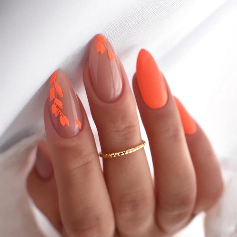 Autumn Harvest Long Almond Muted Orange Press On Nail Set with Delicate Leaf Accents