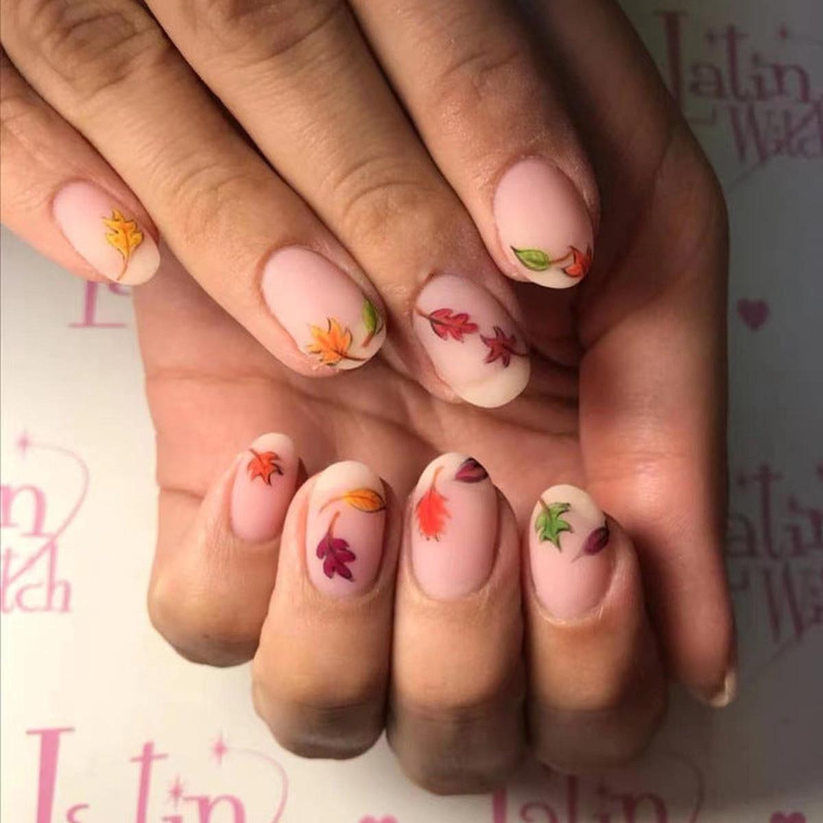 Autumn Whimsy Medium Almond Matte Beige Press On Nail Set with Colorful Leaf Designs