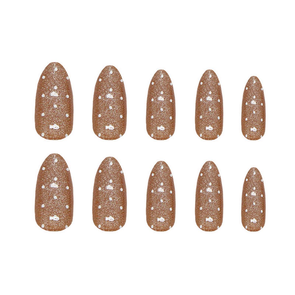 Whimsical Polka Dot Long Almond Shaped Glittery Brown Press On Nail Set with Unique White Pattern