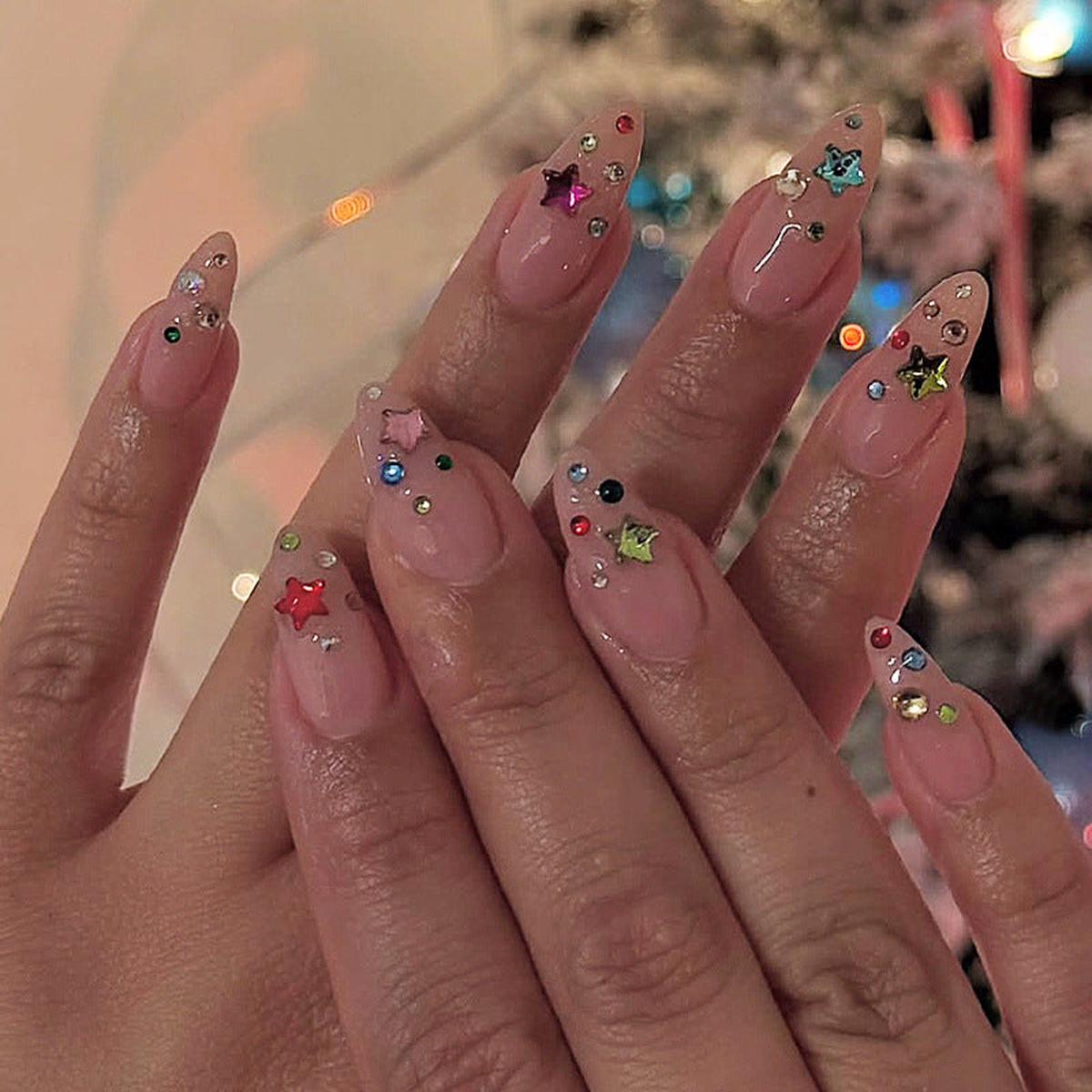Whimsical Starry Night Long Almond Pink with Colorful Gem Accents Press on Nail Set
