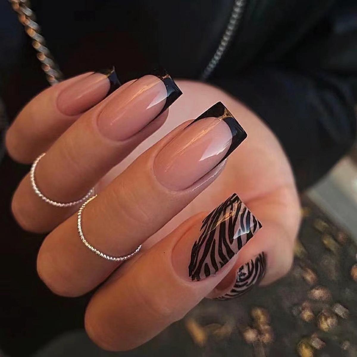 Wild Safari Long Square Beige and Black Zebra Print Press On Nail Set for Trendy and Edgy Style