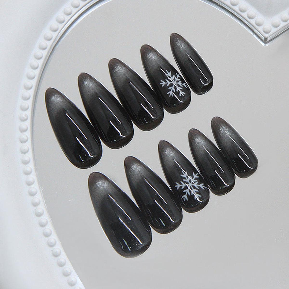 Winter Wonderland Long Almond Press On Nail Set in Black with Frosted Snowflake Designs