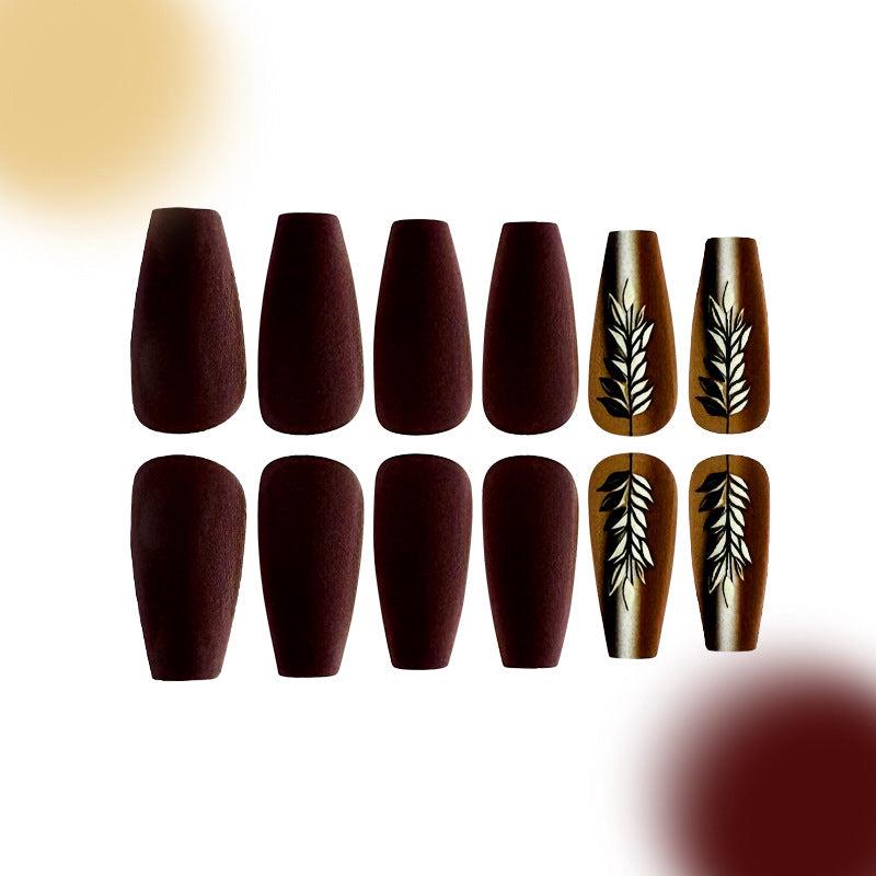 Autumn Elegance Long Coffin Burgundy Matte Press On Nail Set with Leaf Design Accents
