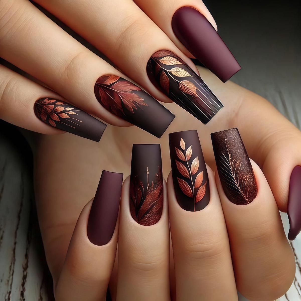 Autumn Elegance Long Square Burgundy Press-On Nail Set with Unique Leaf Design