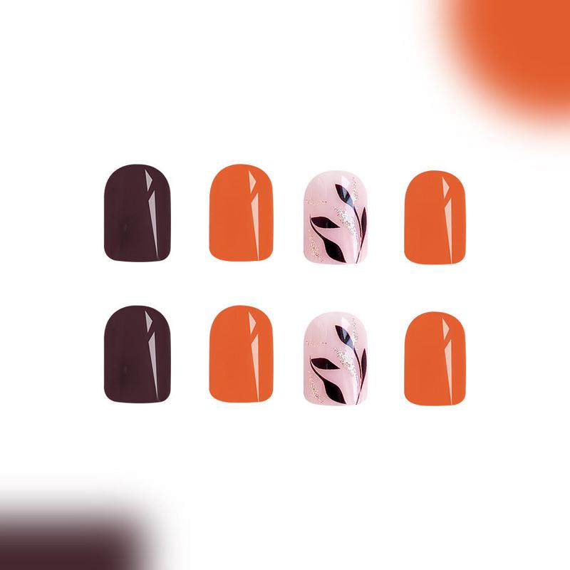 Autumn Elegance Short Square Orange and Deep Plum Press On Nail Set with Floral Accent Design