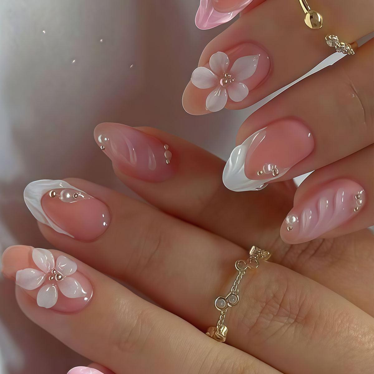 Whimsical Blossom Medium Almond Pink and White Press On Nail Set with Floral Accents