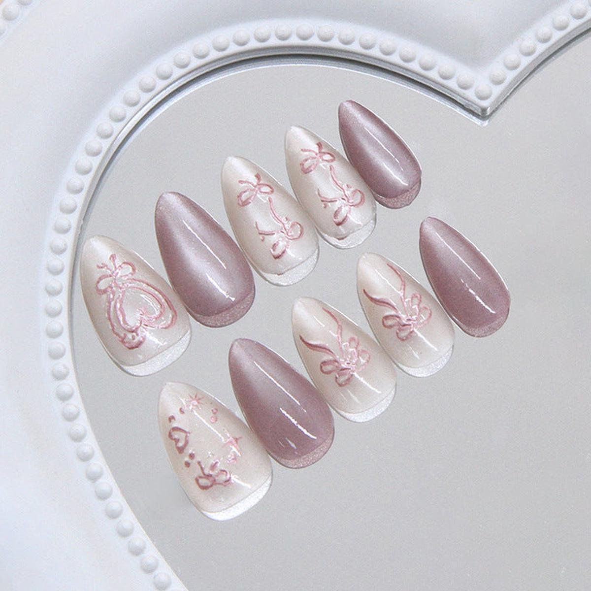 Whimsical Elegance Medium Almond Blush Pink and Soft White with Intricate Floral Design Press On Nail Set