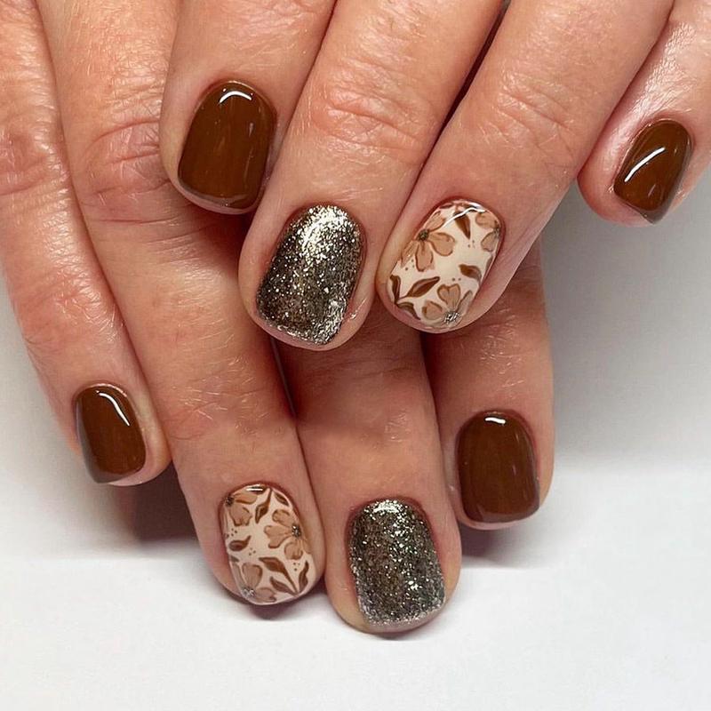 Autumn Elegance Short Square Brown Glitter Press On Nail Set with Floral Design