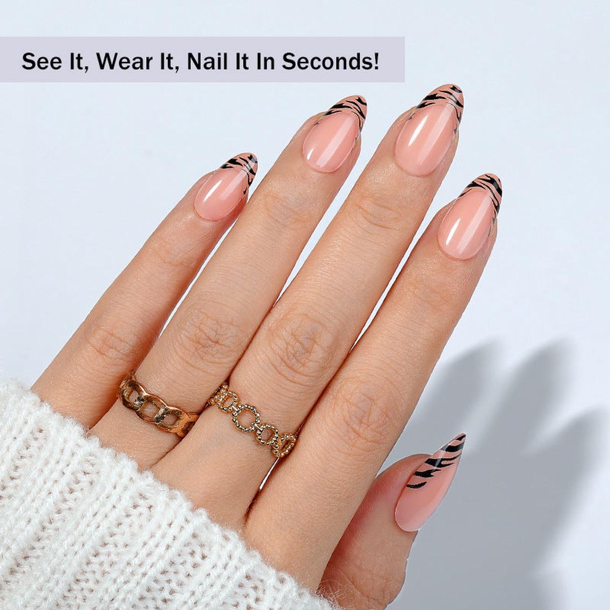 Wild Elegance Long Almond Blush with Bold Black Stripes Press On Nail Set