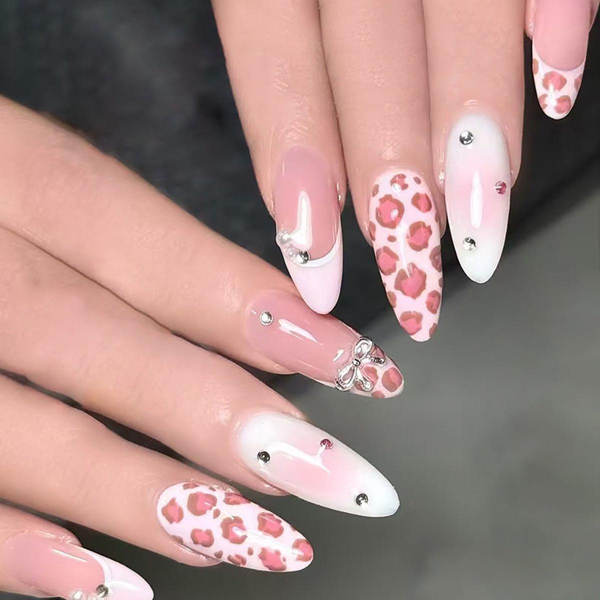 Wild Safari Inspired Long Almond Pink leopard Print and Rhinestone Accented Press On Nail Set