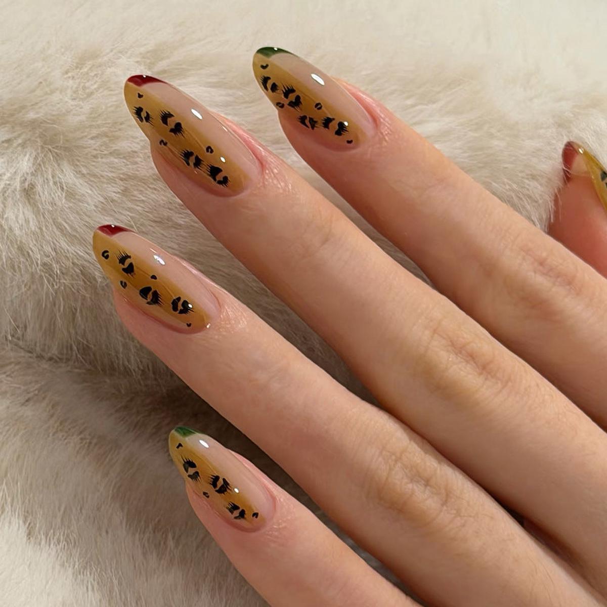 Wild Safari Long Almond Press-On Nail Set in Natural Beige with Fiery Tips and Chic Animal Print Design