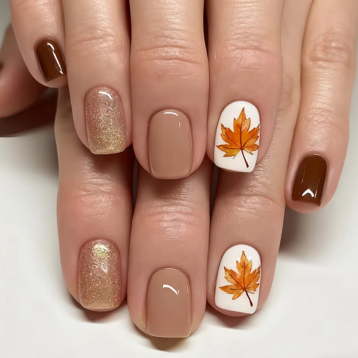 Autumn Elegance Short Square Brown and Gold Gradient with Leaf Art Press on Nail Set
