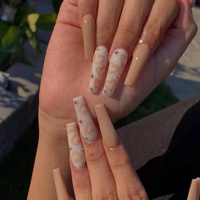 Autumn Harmony Long Coffin Press on Nail Set in Beige with White Marble Effect and Rhinestone Embellishments