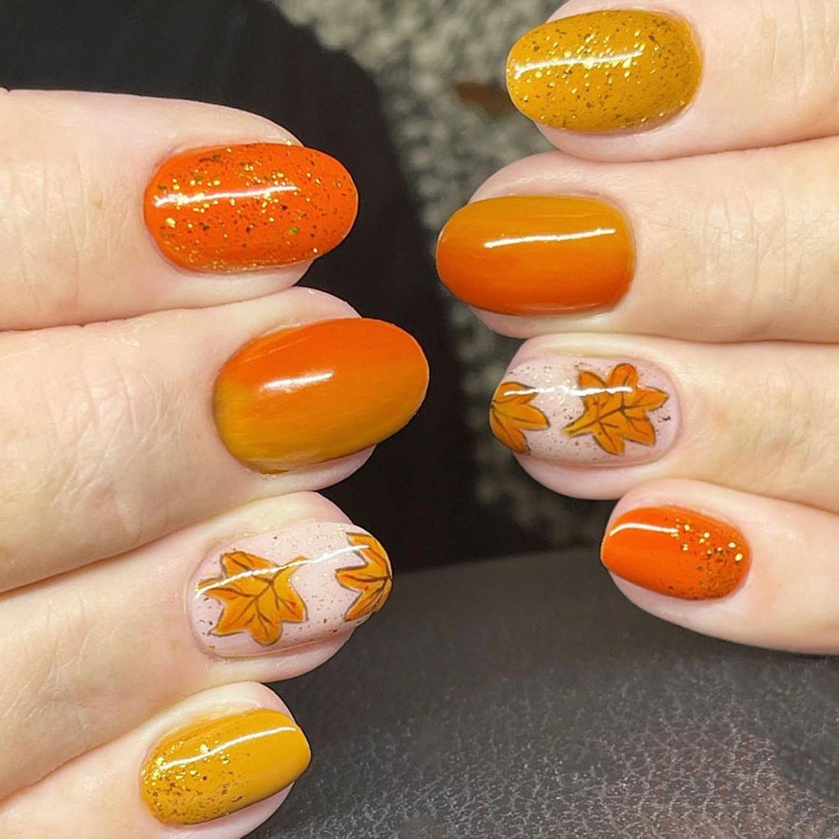 Autumn Leaves Medium Oval Orange Glitter Press On Nail Set with Fall Leaf Accents