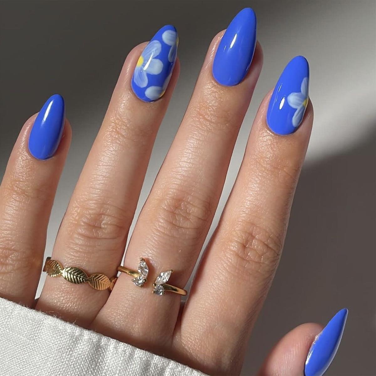 Vibrant Floral Bliss Long Almond Blue Press On Nail Set with Unique Hand-Painted Flower Design