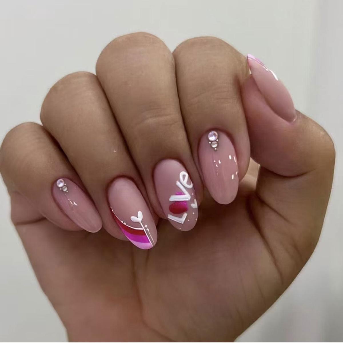 Whimsical Elegance Long Almond Pink Gradient Nail Set with Charming Rhinestone Accents