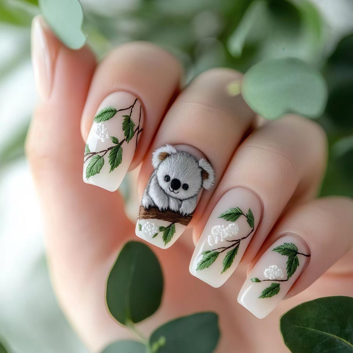 Whimsical Nature Inspired Medium Square White Press On Nail Set Featuring Adorable Koala and Leaf Designs