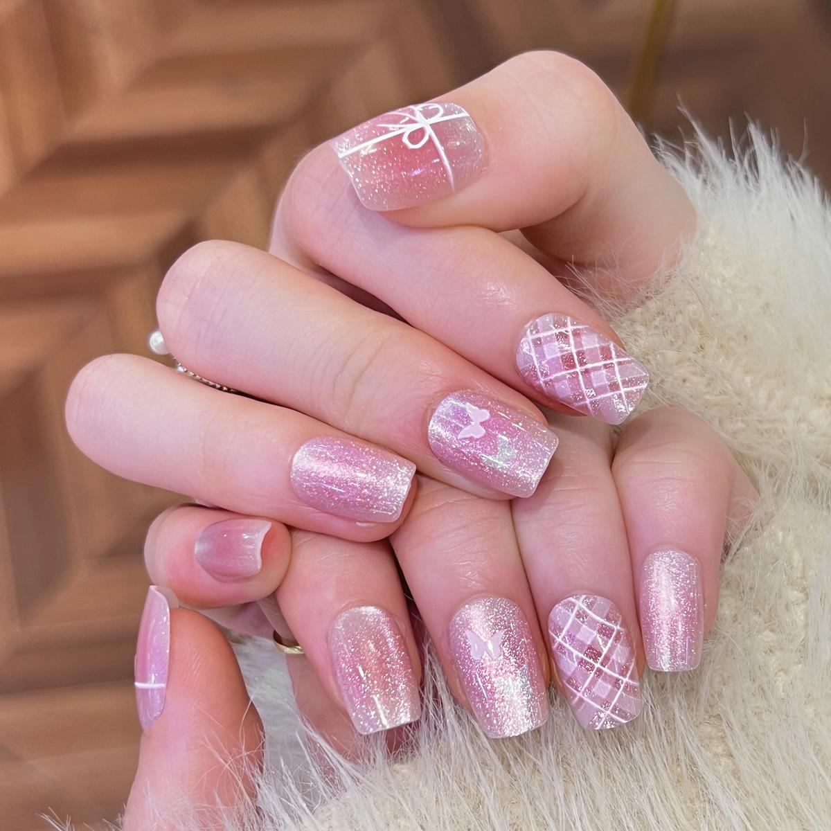 Whimsical Pink Glitter Square Press On Nail Set Short Sparkly Design with Unique Butterfly Accent