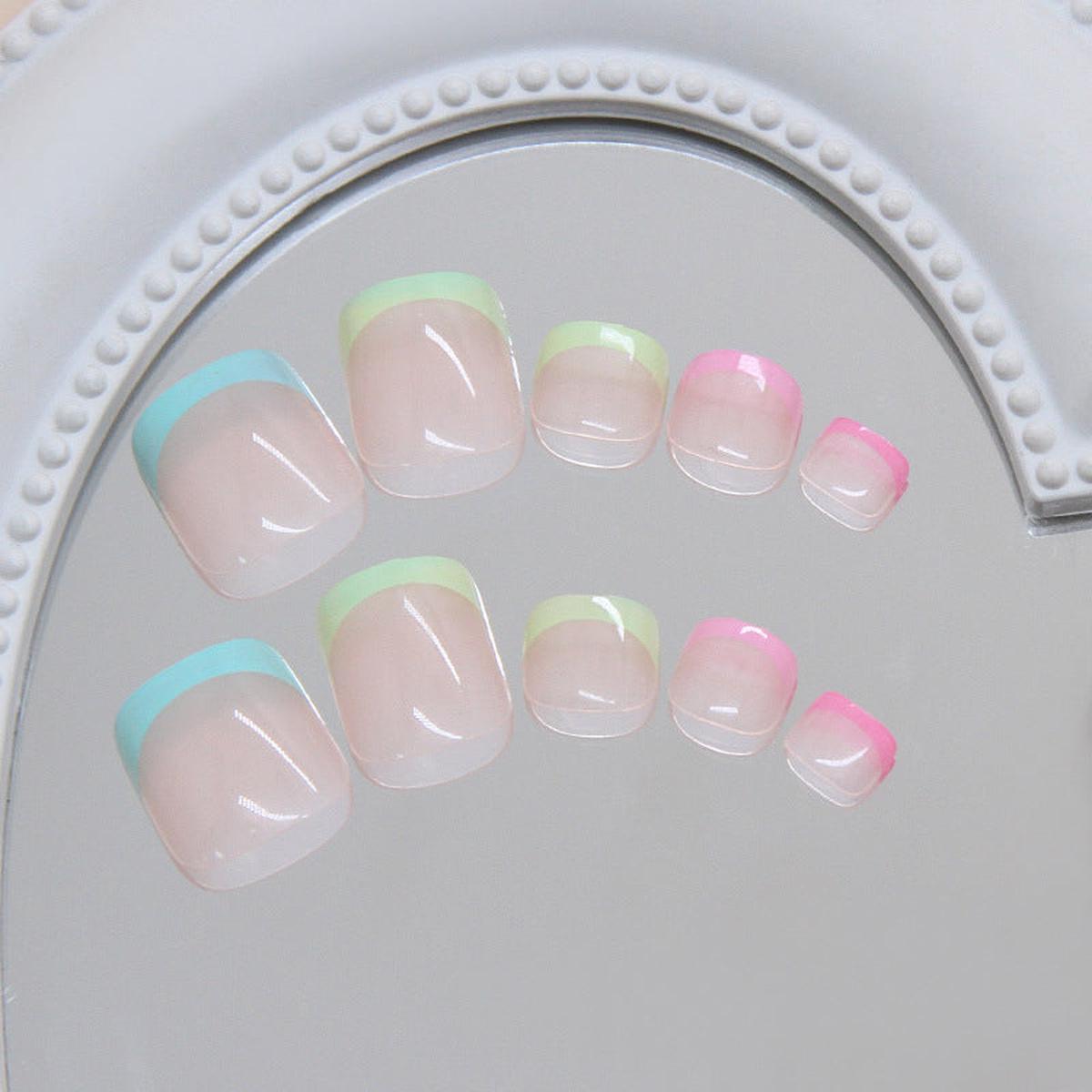 Whimsical Rainbow Dream Elegant Short Square Press On Toenail Set with Colorful Frosted Tips