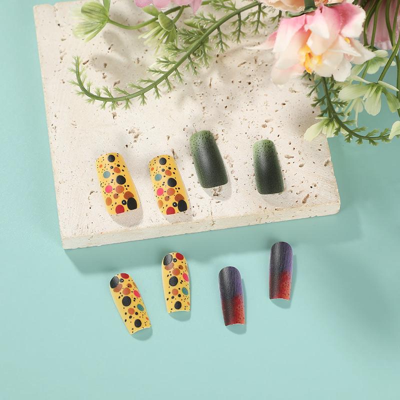 Artistic Vibes Medium Square Yellow and Green Ombre Press On Nail Set with Colorful Dots Design