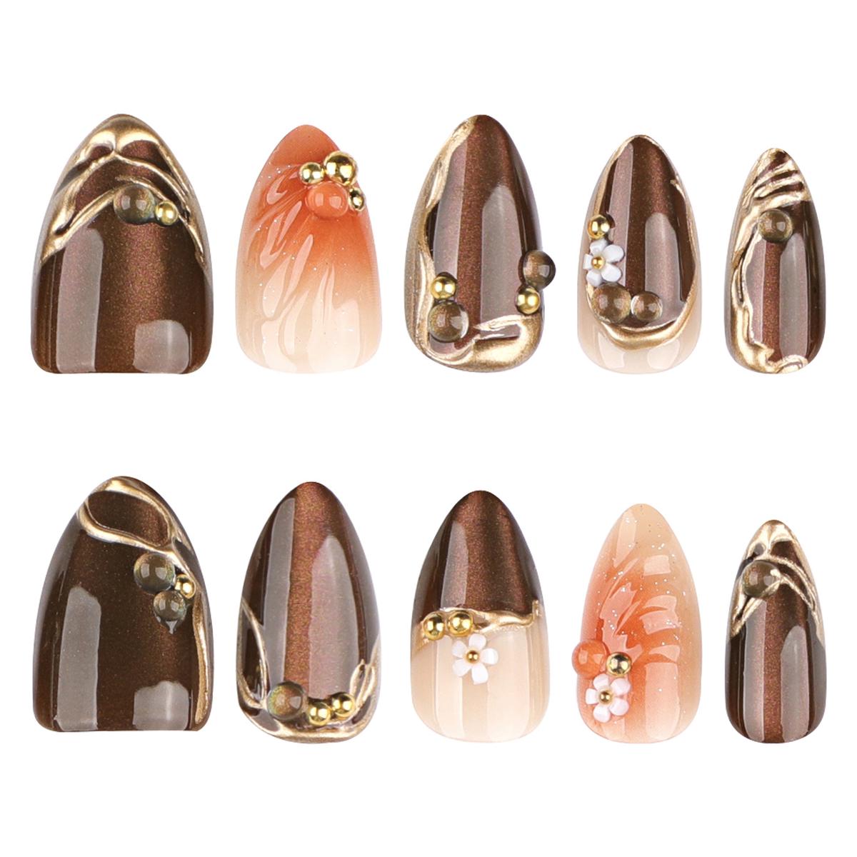 Autumn Elegance Brown and Peach Short Almond Shaped Press On Nail Set with Unique Gold Accents and Floral Details
