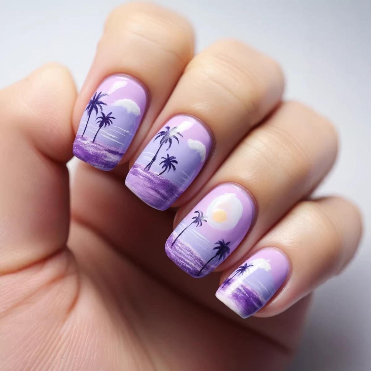 Tropical Sunset Dream Medium Square Lavender Nails with Scenic Palm Tree Artwork