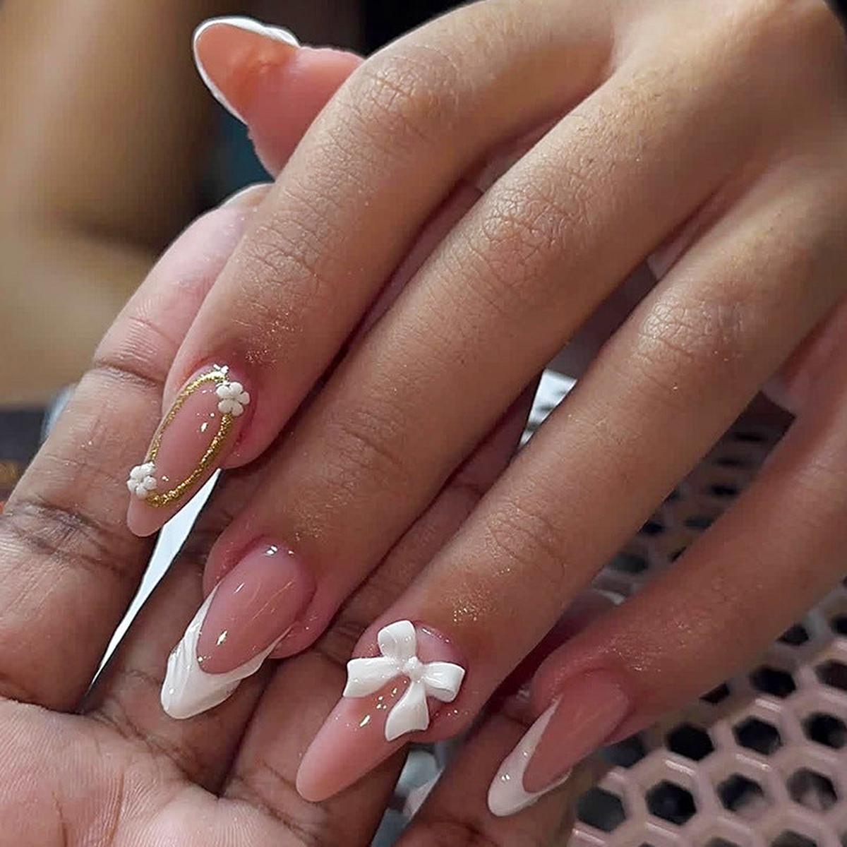 Whimsical Elegance Long Almond Pink and White Press On Nail Set with Decorative Bows and Floral Accents