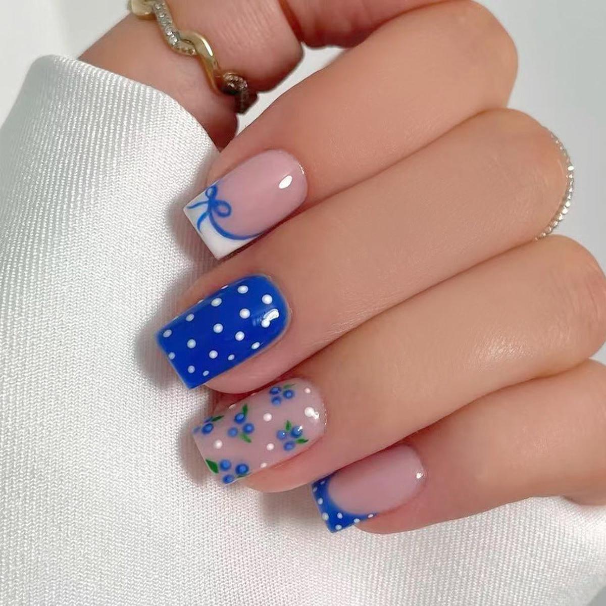 Whimsical Floral Touch Blue Short Square Long Lasting Press On Nail Set with Charming Polka Dots and Elegant Bow Design
