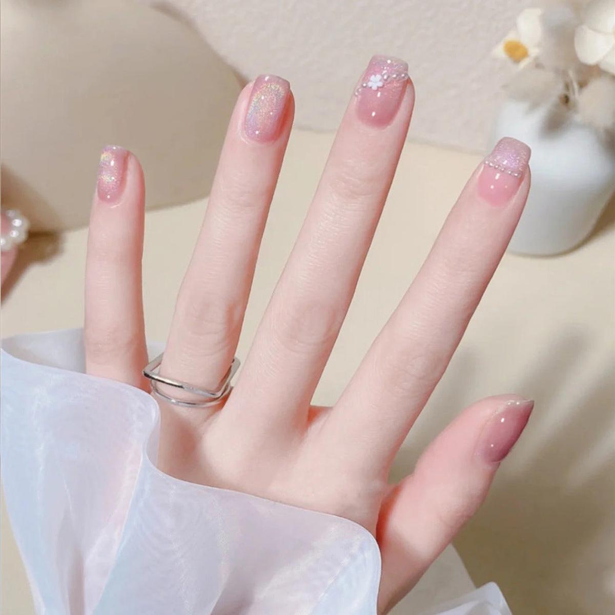 Whimsical Sparkle Short Square Pink Glitter Press On Nail Set with Floral Accents