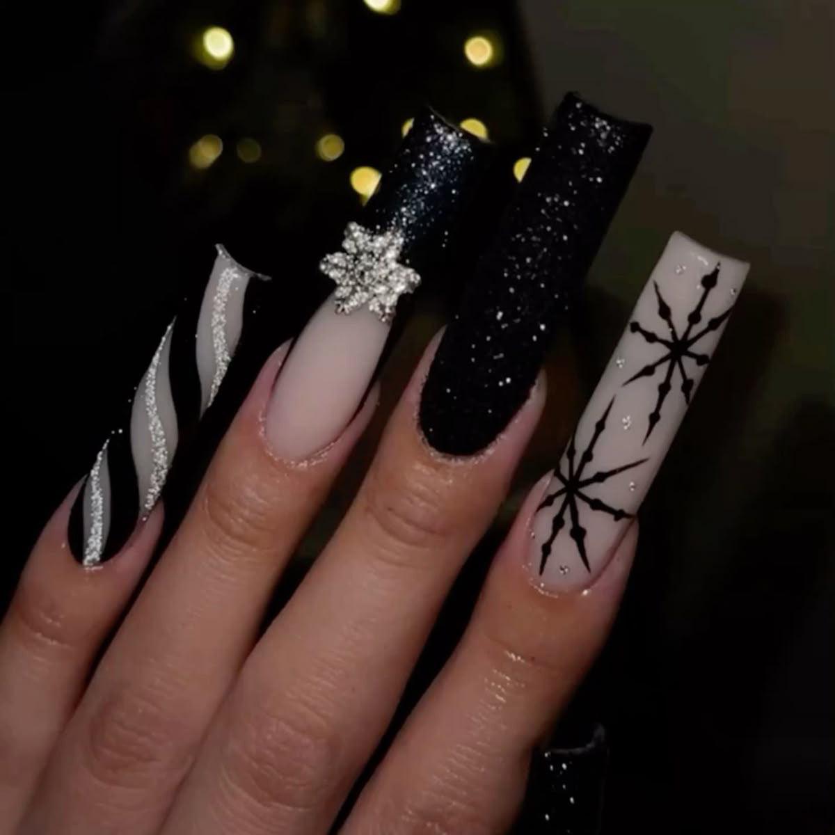 Winter Wonderland Long Square Black and White with Sparkling Accents Press-On Nail Set