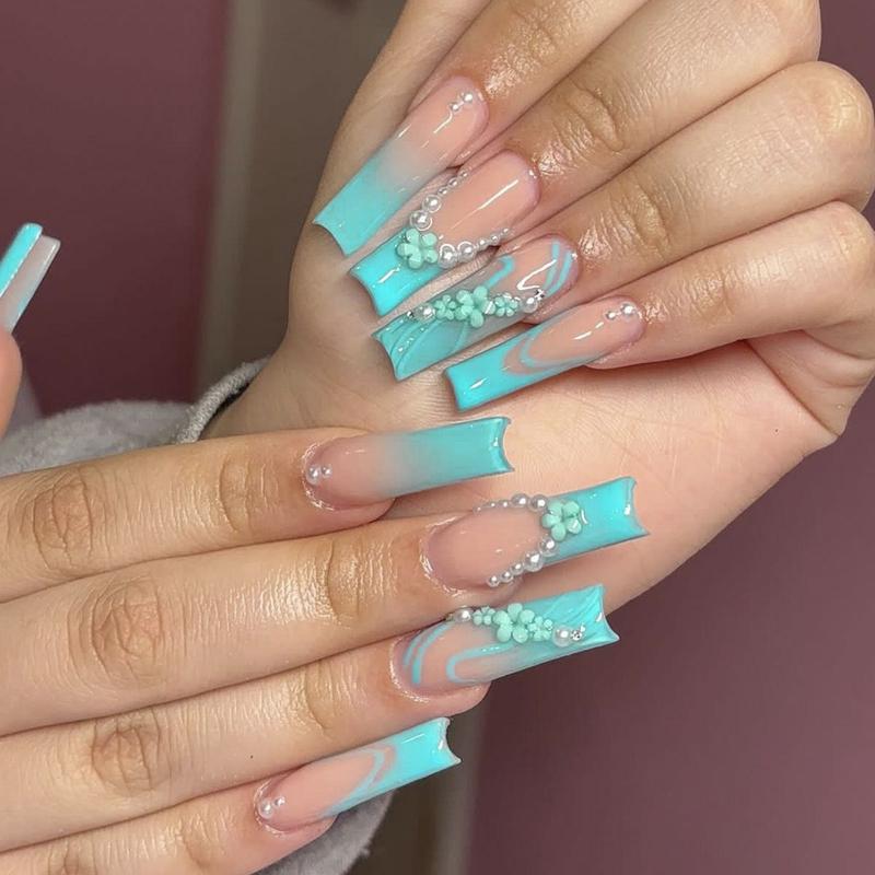 Aquatic Elegance Long Coffin Aqua Blue Ombre Press On Nail Set with Floral Pearl Accents
