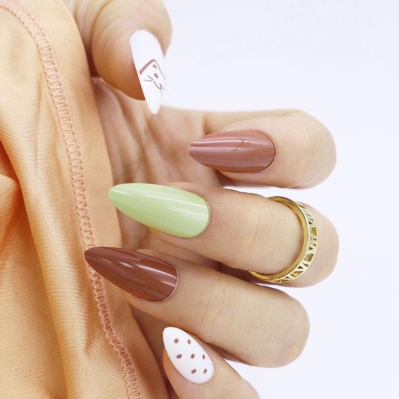 Autumn Elegance Long Almond Multi-Color Press on Nail Set with Polka Dot and Cat Accents