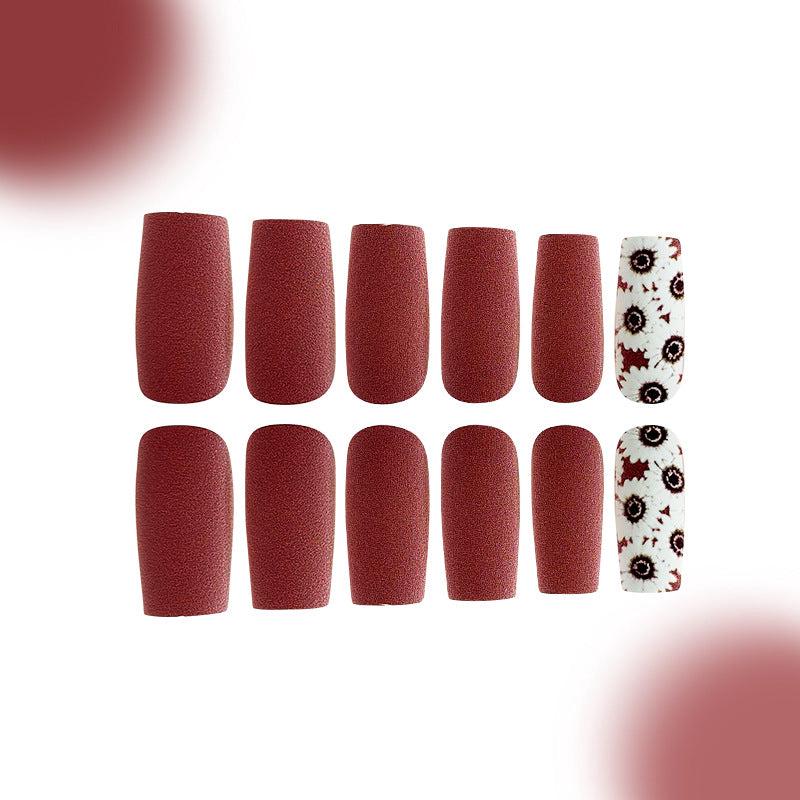 Autumn Elegance Medium Square Matte Burgundy Press On Nail Set with Floral Accent