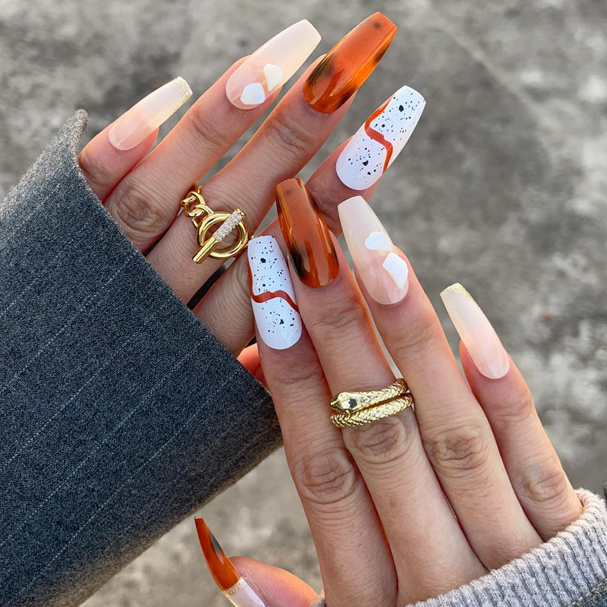 Autumn Radiance Long Coffin Shaped Ombre Orange and White Press On Nail Set with Artistic Design Elements