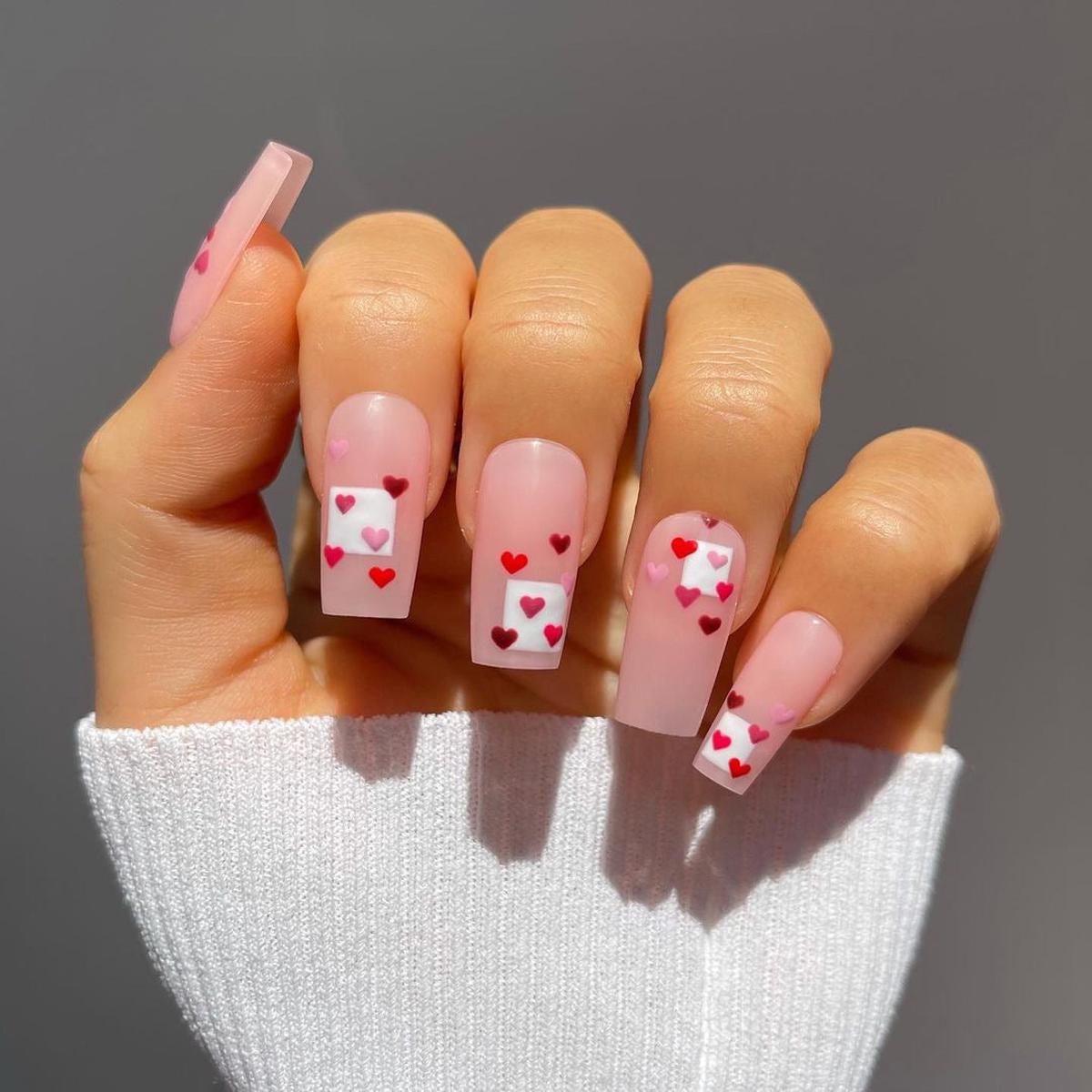 Valentines Day Long Square Pink Press On Nails with Red and White Heart Accents