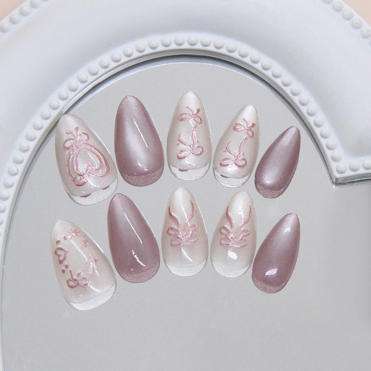 Whimsical Elegance Medium Almond Mellow Pink and White Ombre with Delicate Bow Details Press On Nail Set