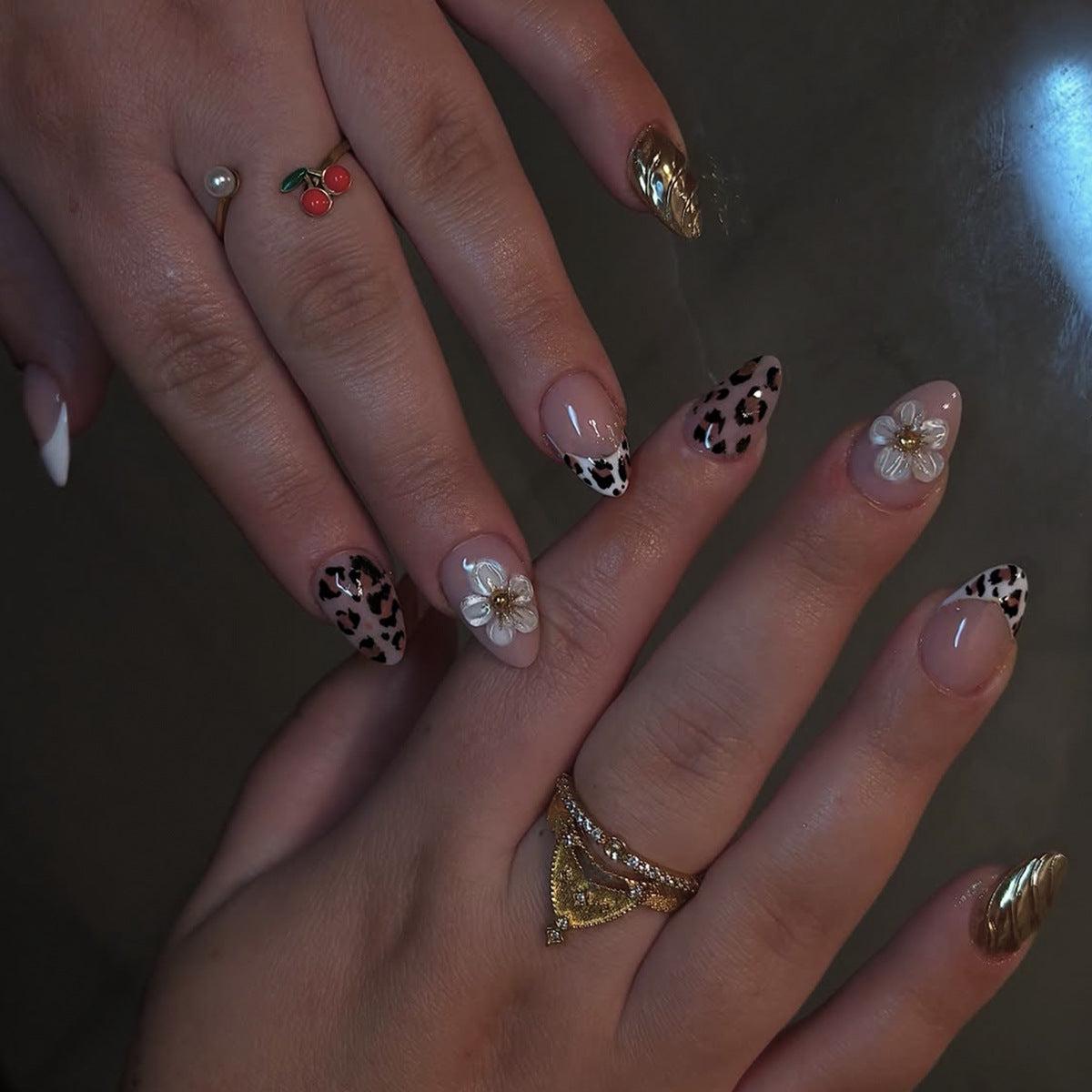 Wild Beauty Medium Almond Press On Nail Set in Elegant Cream and Fierce Leopard with Floral Accents