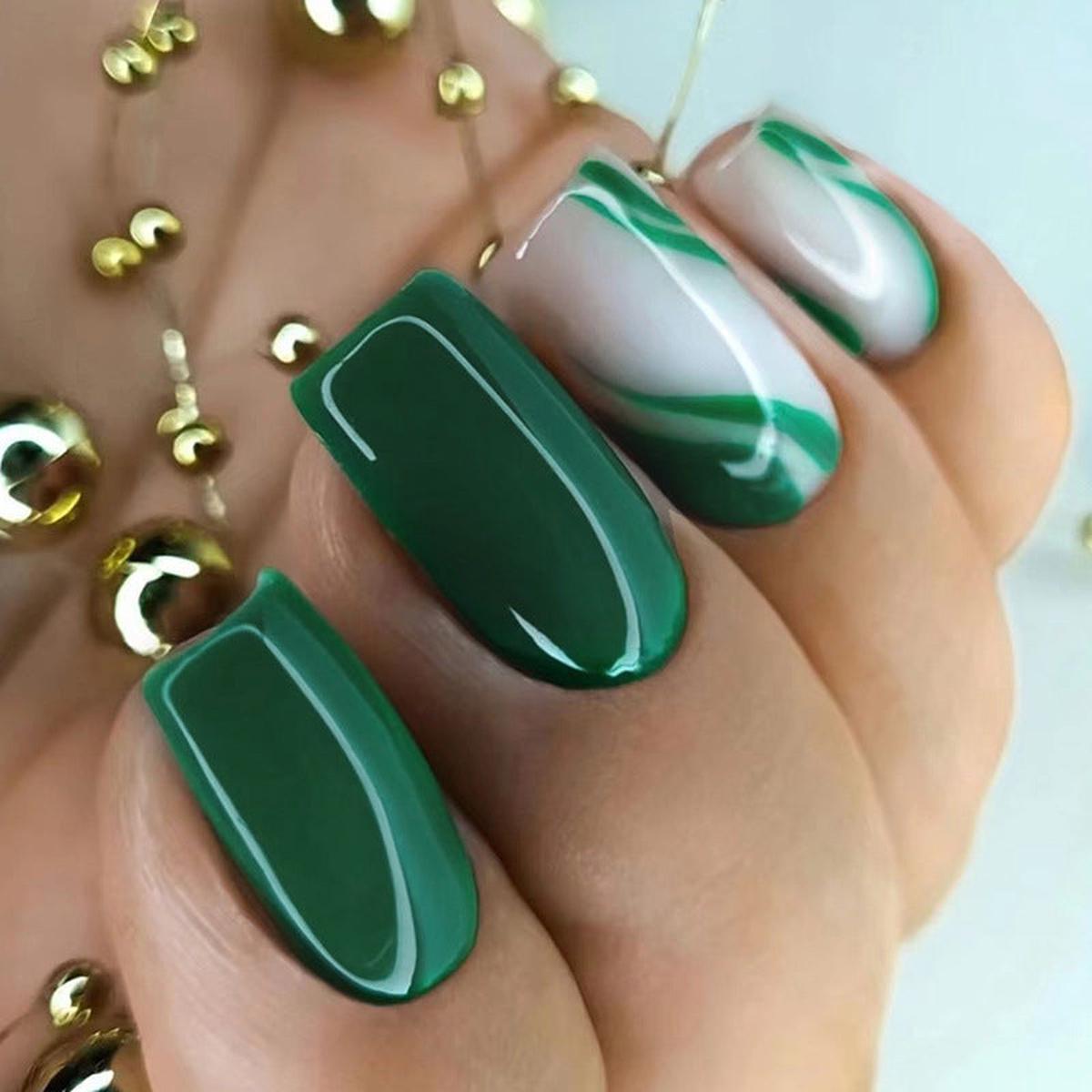 Vine Goddess Medium Square Green Marble Press On Nails