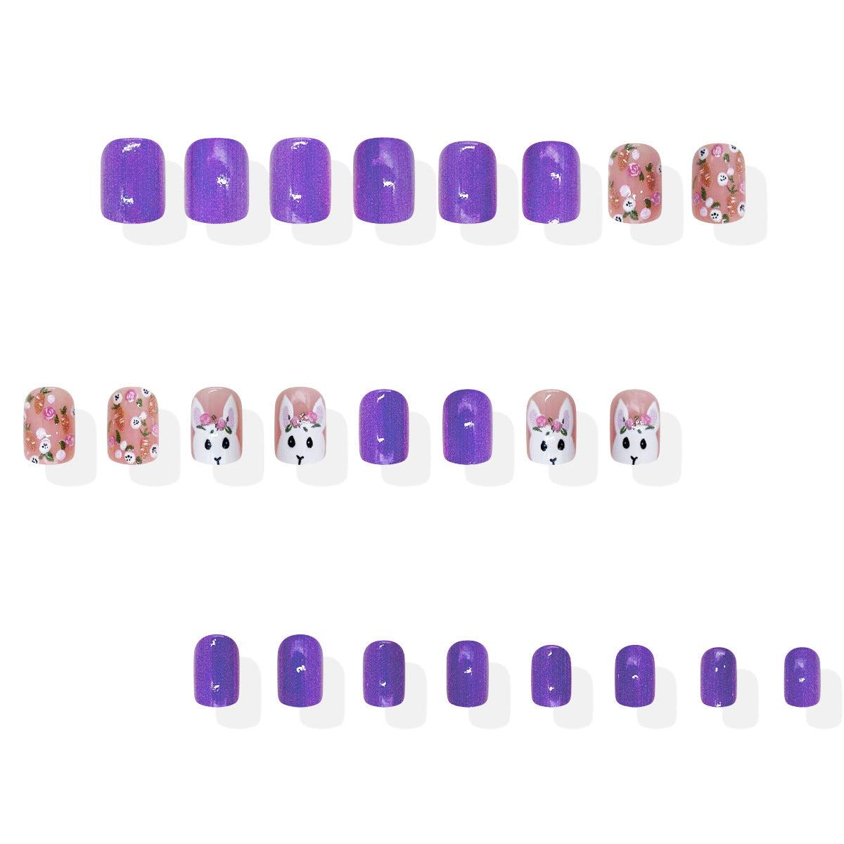 Whimsical Paw Print Press On Nail Set in Short Square Purple with Cute Animal Faces and Glitter Accents