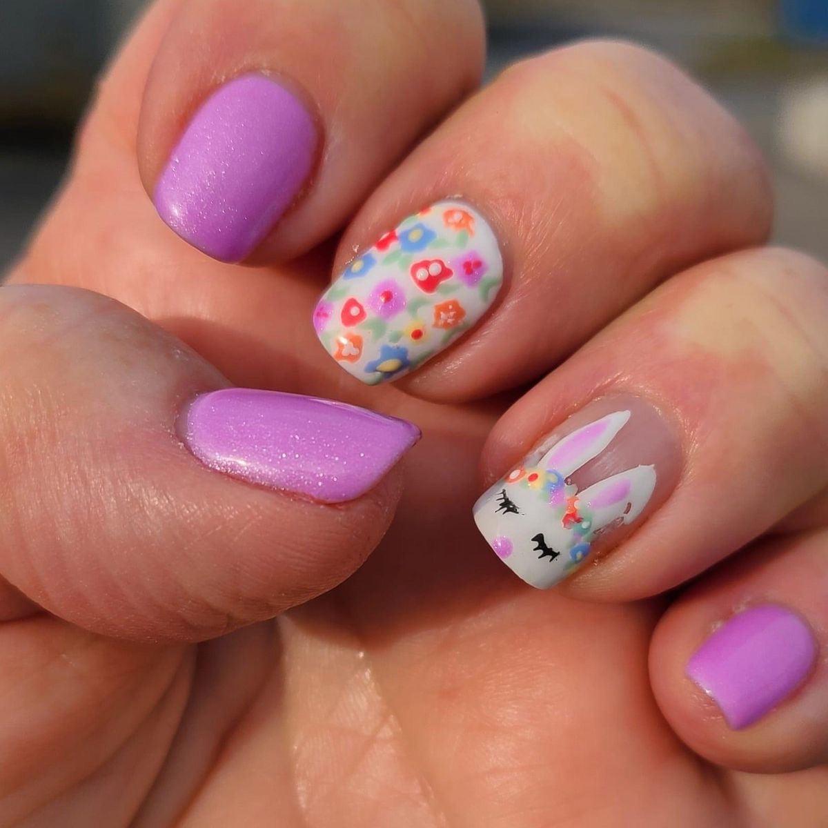 Whimsical Springtime Short Square Lavender and Floral Design Press On Nail Set
