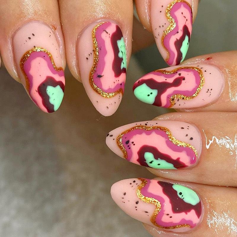 Agate Coaster Medium Almond Multicolor Marble Press On Nails